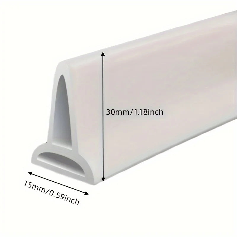 White flexible shower water dam barrier showing dimensions of 30mm and 15mm
