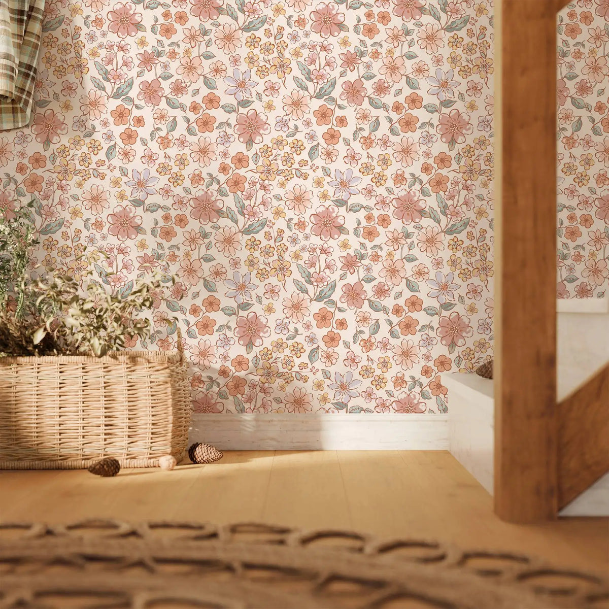 A close-up of vintage floral peel-and-stick wallpaper on a wall with natural light and wooden flooring.