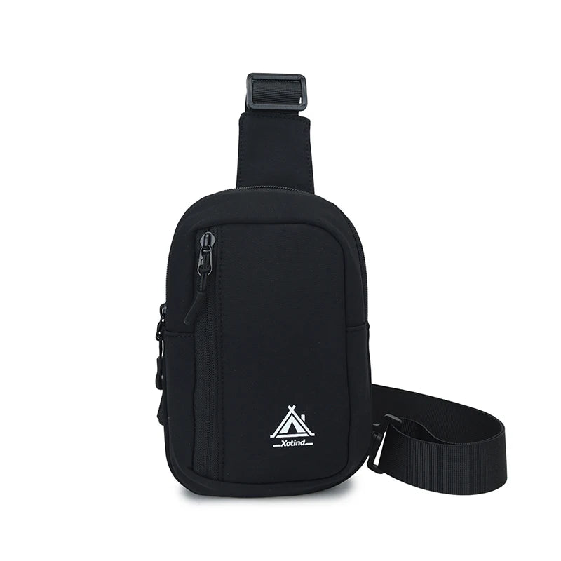 Black water-resistant nylon chest sling bag with a strap and zipper.