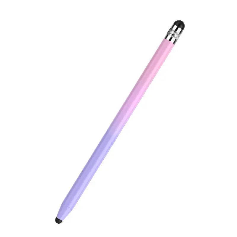 A long, slender dual-nib capacitive stylus pen with a pink and purple gradient body.