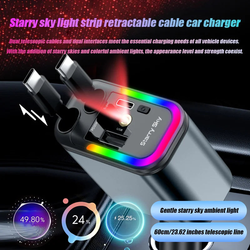 4-in-1 Retractable Car Charger with 180W Fast Charging