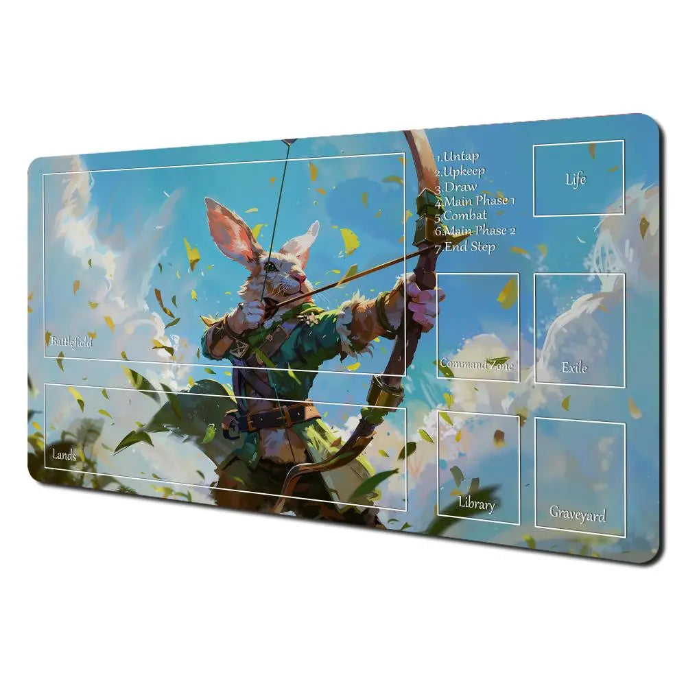Fantasy card playmat featuring an illustration of a rabbit archer and raccoon design with various themed sections.