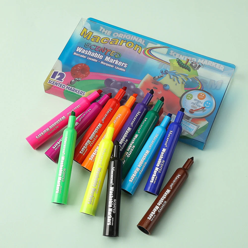 A box of 12 washable scented markers in assorted fruit colors, including pink, orange, yellow, and green.