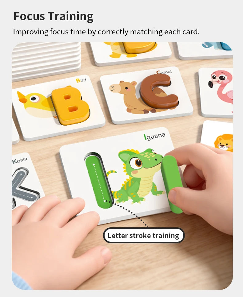 Hands are using letter cards in a focus training game to practice stroke writing and matching letters.