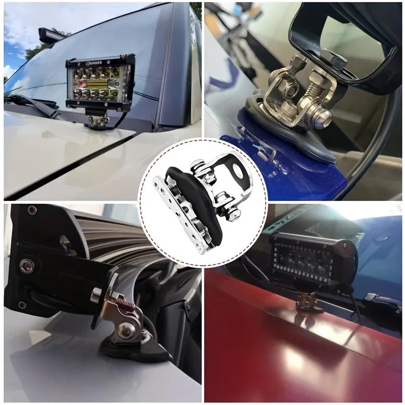 Two sets of universal stainless steel LED work light mounting brackets for vehicle installation.