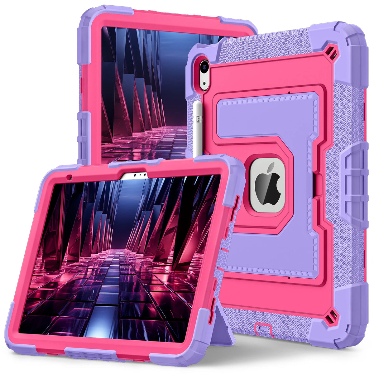 A pink and purple dual-color protective case for iPads is shown, featuring a silver Apple logo.