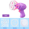 A purple automatic bubble gun for kids with a white handle and fan blades, shown next to parts like five holes, three holes, 