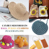 A variety of crochet items including a straw hat, a green bag, a yellow cushion, and a dark blue pouch made from ice silk yar