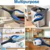A multipurpose foldable reacher grabber tool in black and blue is shown being used for various tasks like picking up items an
