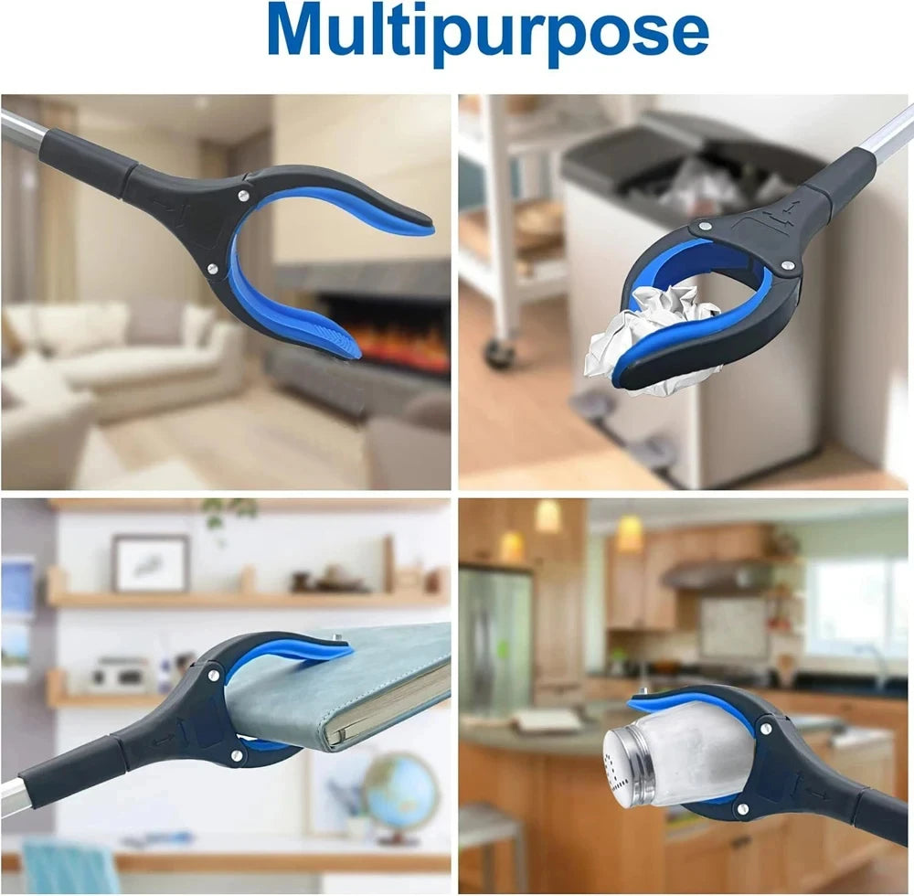 A multipurpose foldable reacher grabber tool in black and blue is shown being used for various tasks like picking up items an
