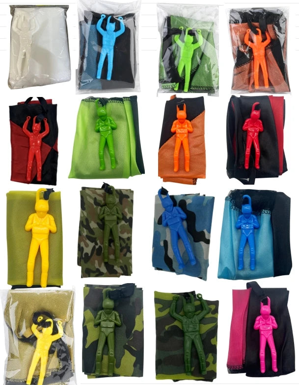 A collection of hand-throw parachute toys featuring mini soldiers in various colors and outfits.