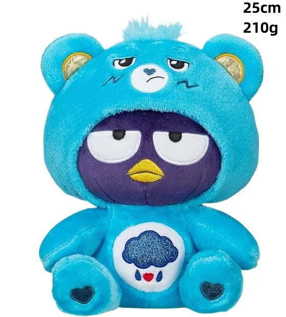 Peluche Kawaii de Care Bears arcoíris azul con detalles morados y textura esponjosa.