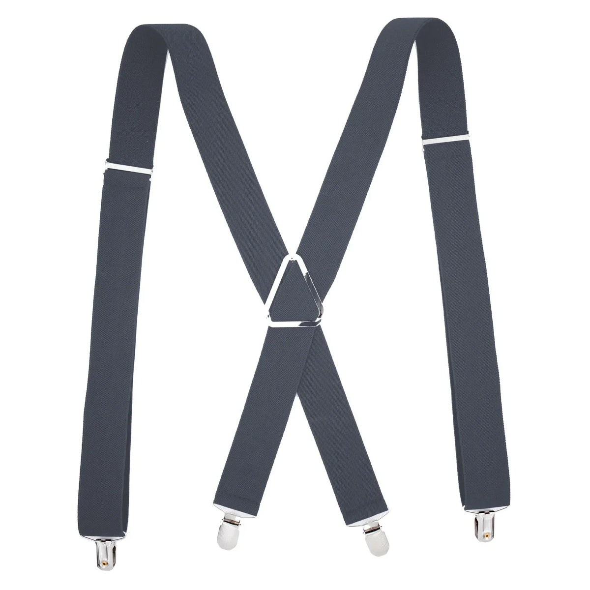 A pair of dark gray suspenders with metal clips shown against a white background.