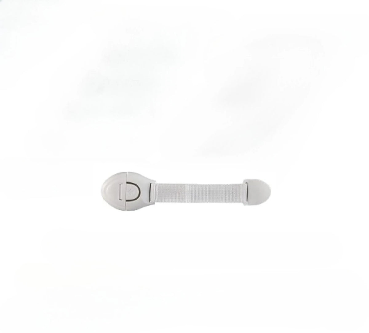 A white child safety cabinet lock with a plastic handle and a D-shaped opening.