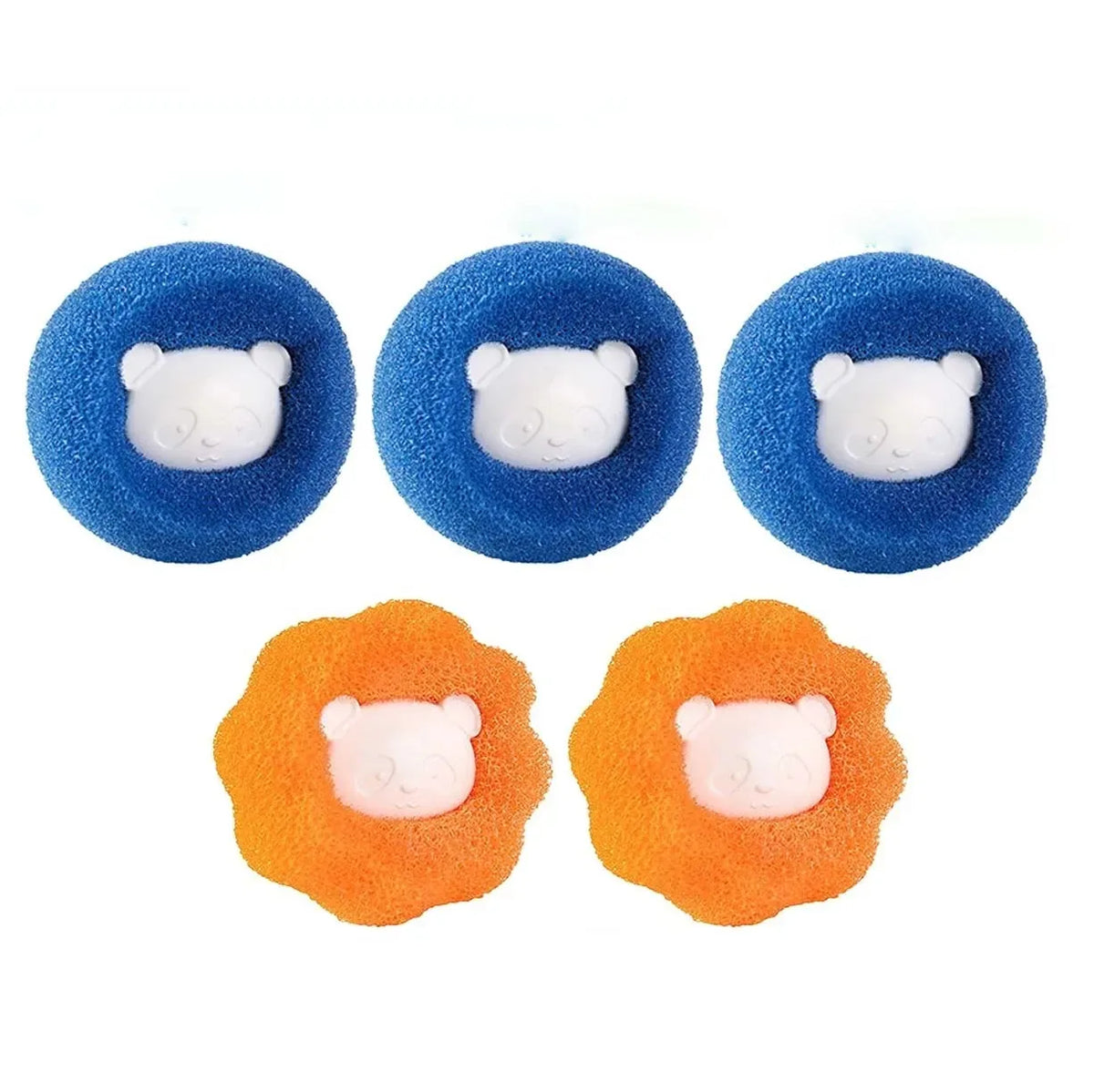 Four reusable laundry balls with white bear shapes for pet hair and lint removal