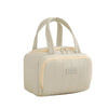 A beige insulated reusable lunch bag with light tan trim and zipper details.
