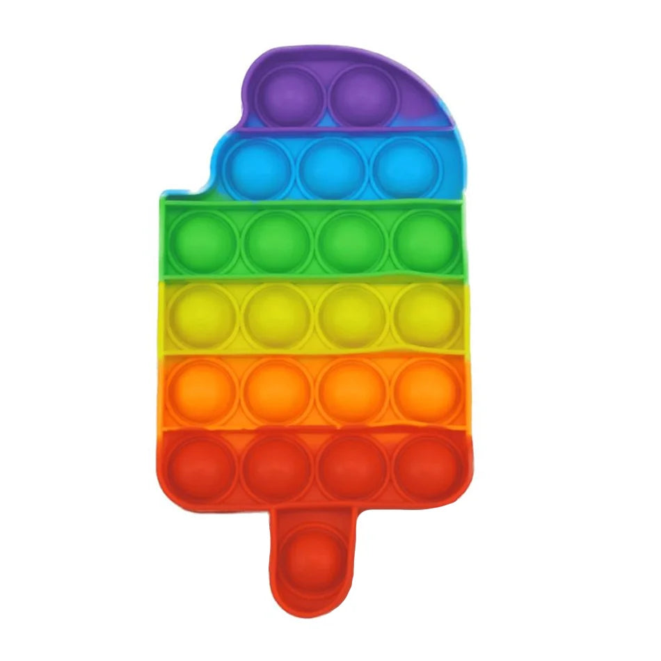 A colorful rainbow pop bubble fidget toy with multiple colored bubbles stacked in a rectangular shape.