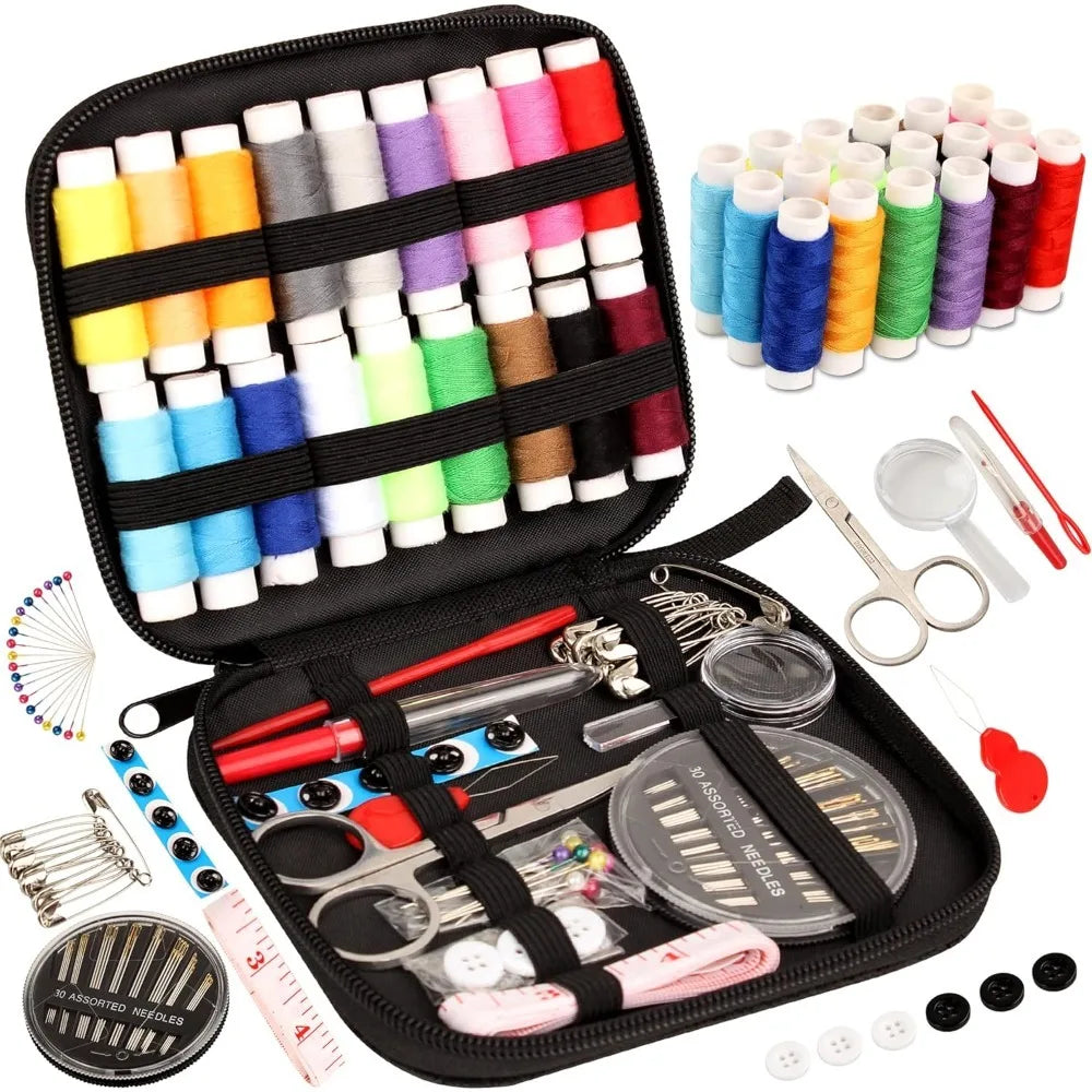 A black sewing kit box containing various threads, needles, scissors, and other essential sewing accessories.