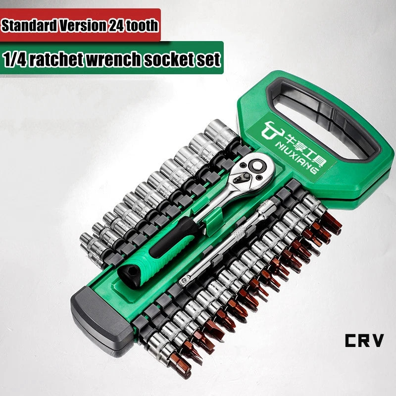 A green 1/4 ratchet wrench socket set with a chrome vanadium tool and various sockets is shown on a white background.