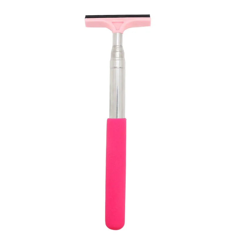 Pink retractable car mirror and window cleaning wiper with a silver handle.