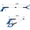 A silver and blue foldable 32-inch reacher grabber tool shown with measurements.