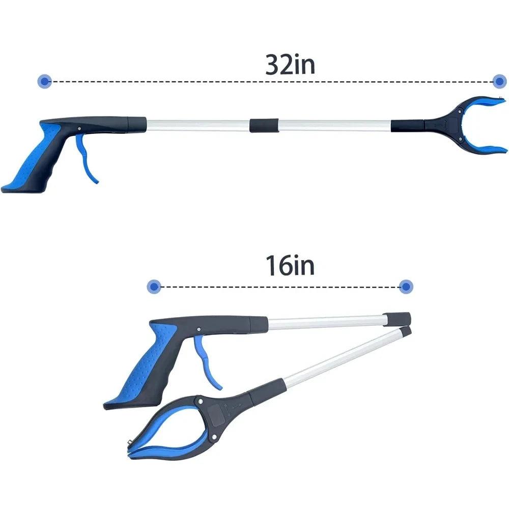 A silver and blue foldable 32-inch reacher grabber tool shown with measurements.