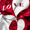 A close-up of a fabric featuring red roses and the word LOVE in white text on a white background.