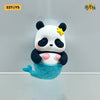 A cute white panda figure with black markings and pink accents is shown emerging from a blue textured container.
