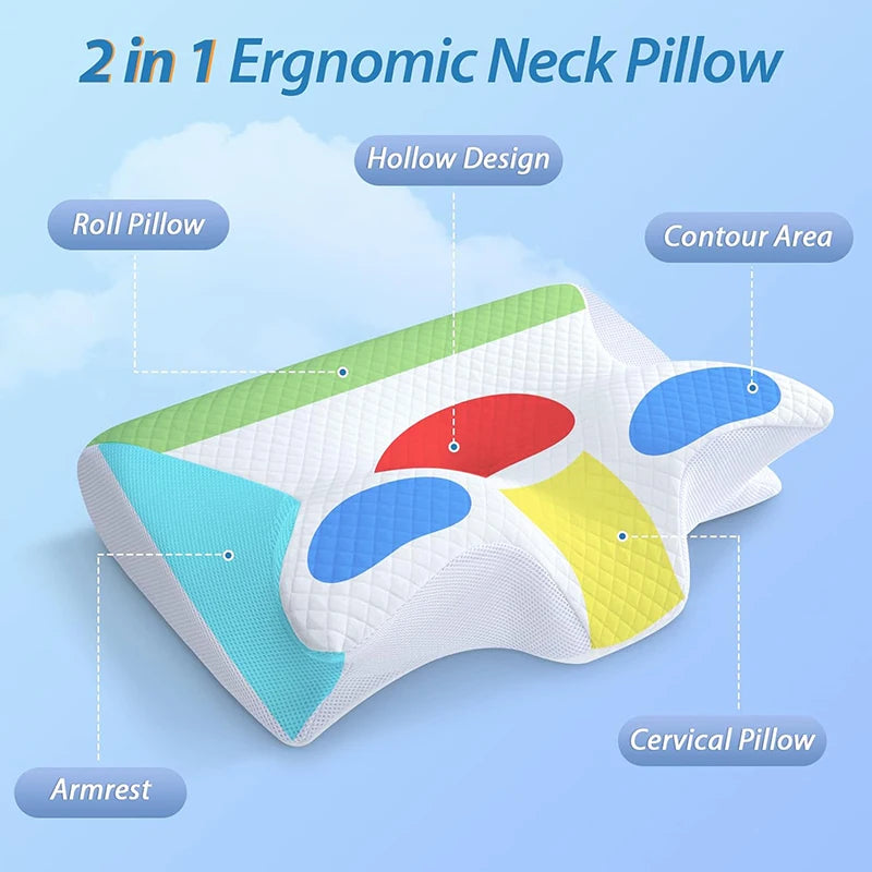 A 2 in 1 ergonomic neck pillow featuring a hollow design with various contoured areas for neck support.