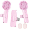 Pink wireless lavalier microphone with fuzzy pink foam cover and clip attachments
