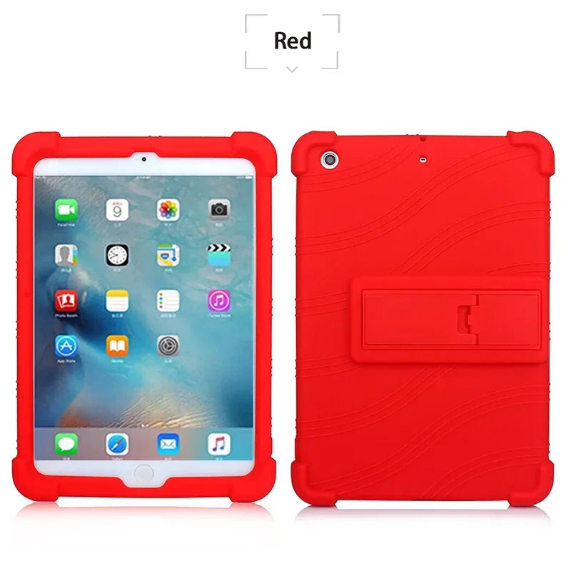 A red silicone protective case with a kickstand for an iPad Mini is shown on the left and right.