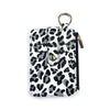 A black and white leopard print PU leather card holder with a coin pocket and keychain.