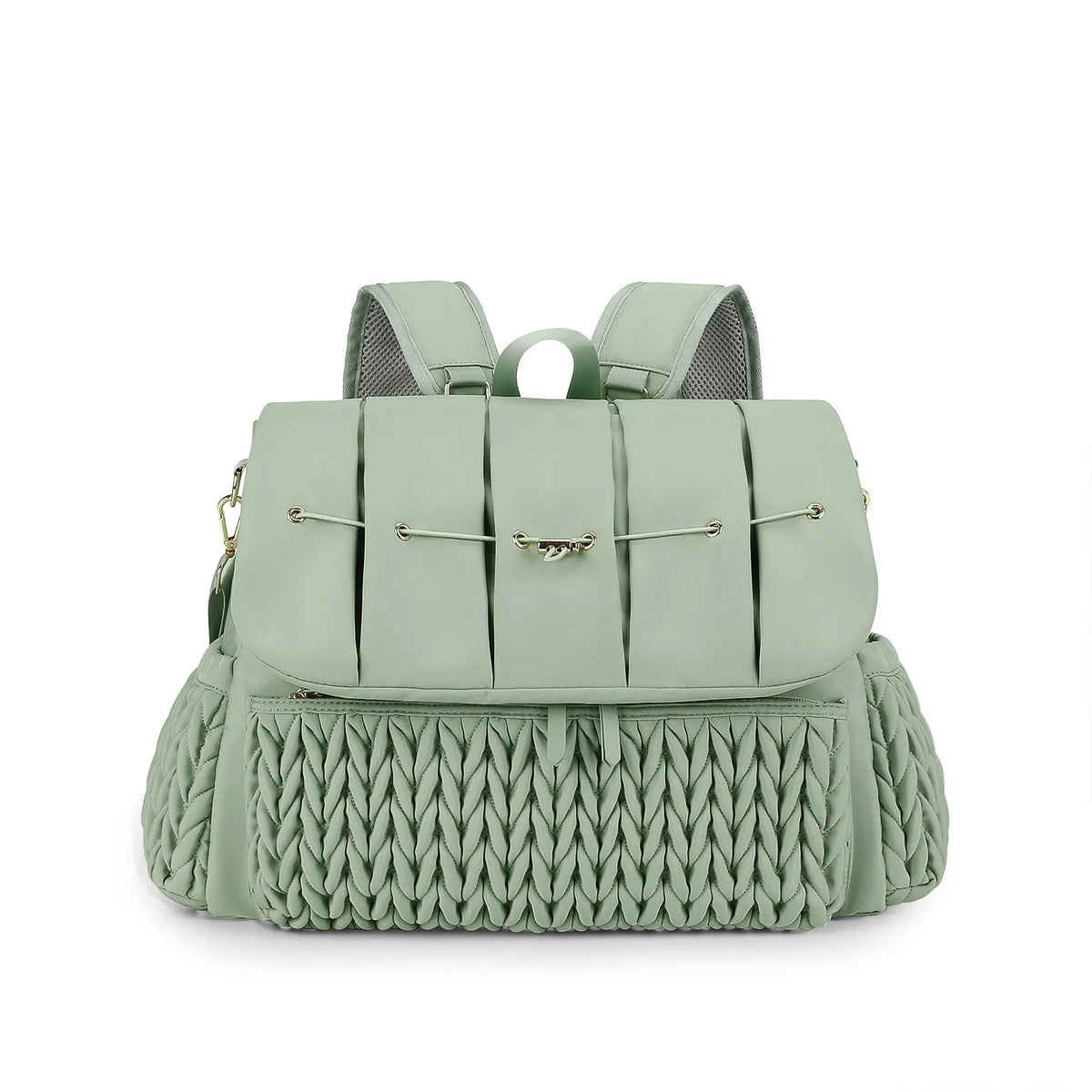 A light sage green waterproof diaper bag with mesh shoulder straps and a textured knit bottom.