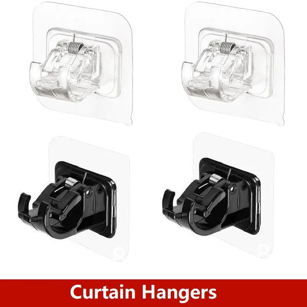 A set of two black no-drill adhesive curtain rod brackets for mounting curtains.