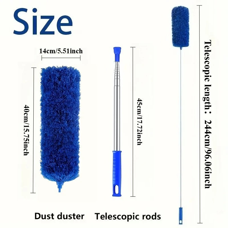 A blue telescopic duster with a fluffy head and rods shown next to its dimensions.