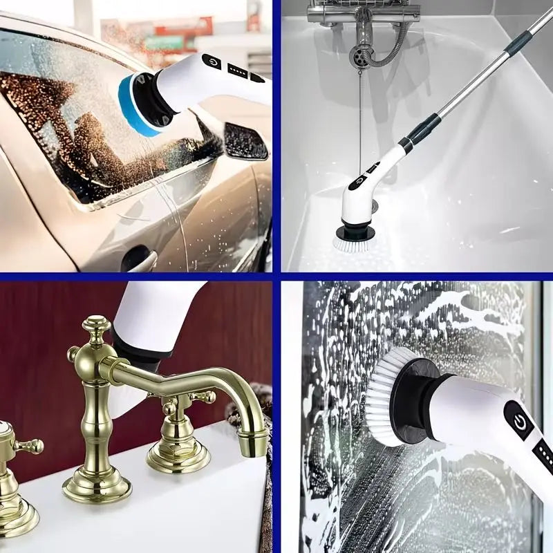 A set of electric cleaning brushes and a handheld spray tool for various surfaces.
