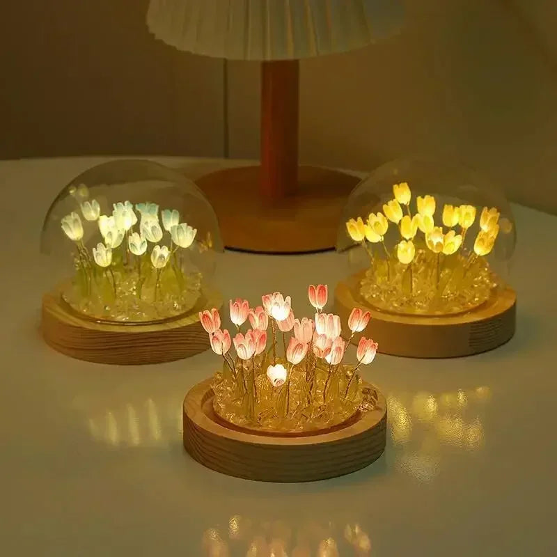 Handcrafted tulip LED night light with wooden base featuring glowing flowers.