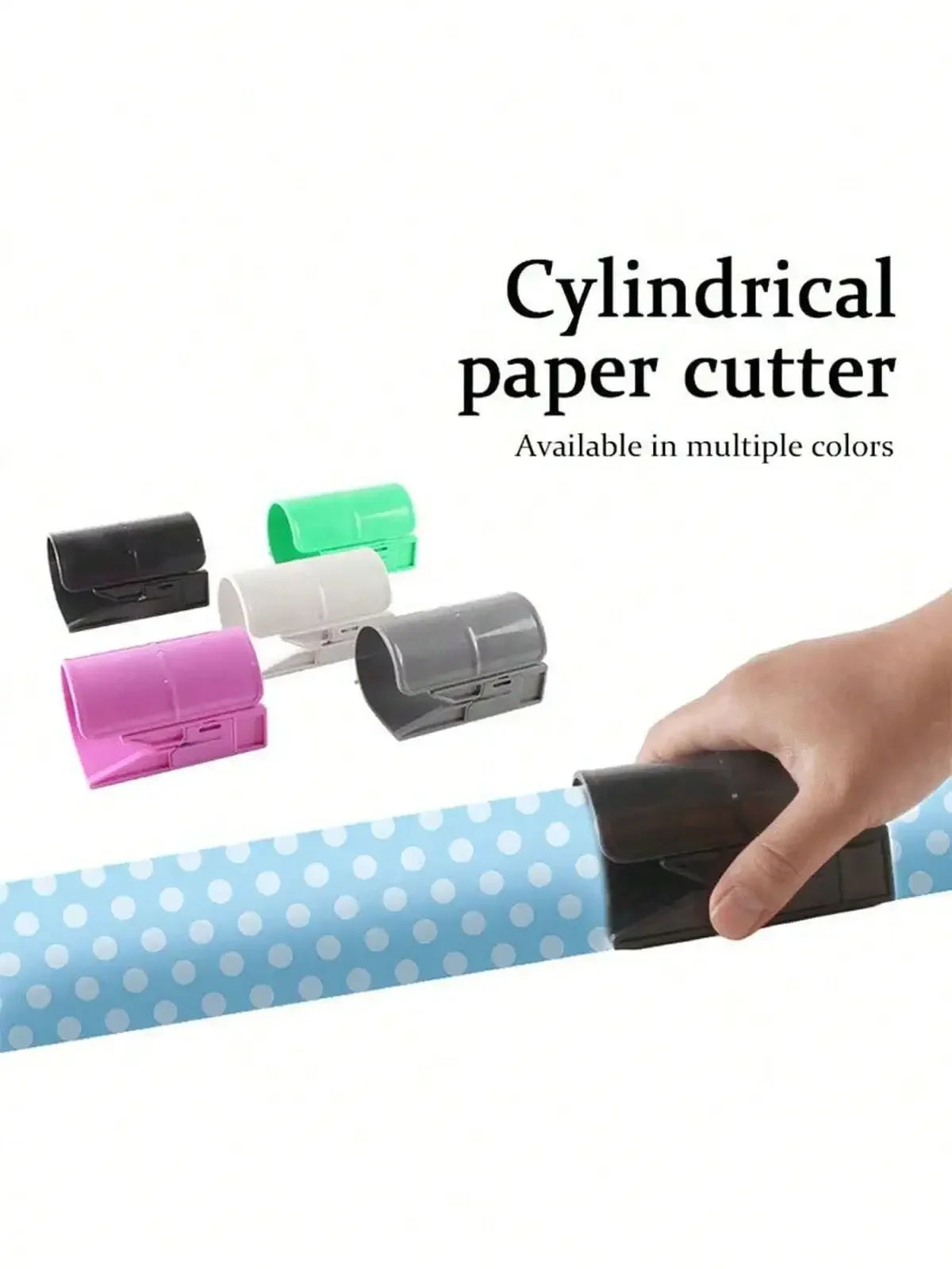 A hand is using a cylindrical paper cutter with a sliding blade, shown alongside various colored cutters.