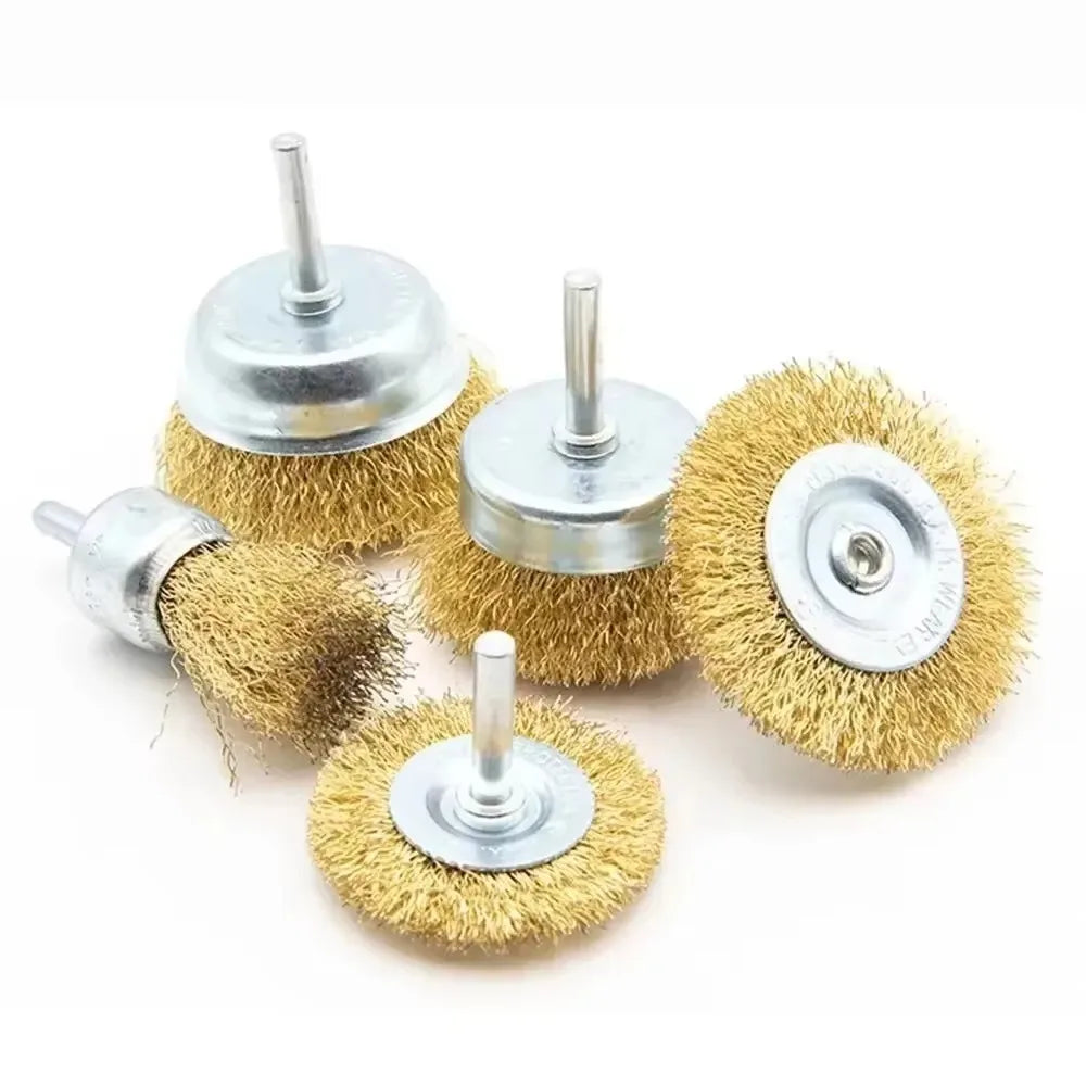 Set of three steel wire brush wheels with metal cups for rust removal and polishing