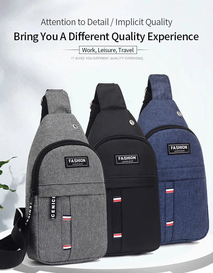 Three dark colored fanny packs in gray, black, and blue displayed against a white background.