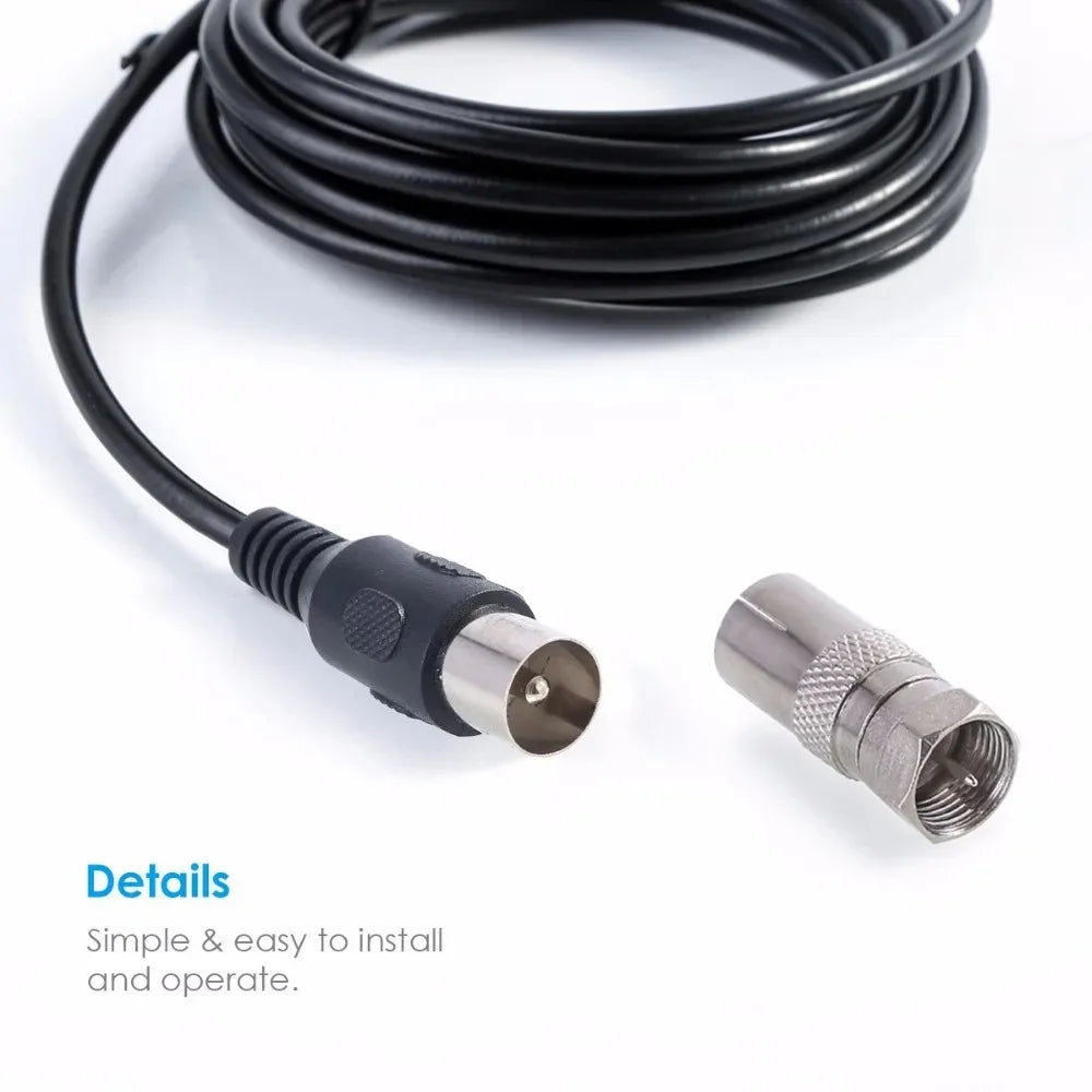 Black coaxial cable and connector for an HD Digital TV antenna with signal booster.