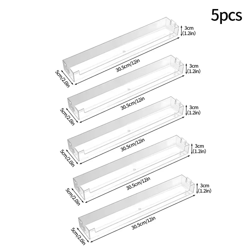 Five clear acrylic wall-mounted display shelves with various lengths and thicknesses.
