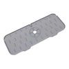 Gray silicone kitchen sink mat designed to protect the faucet from splashes.