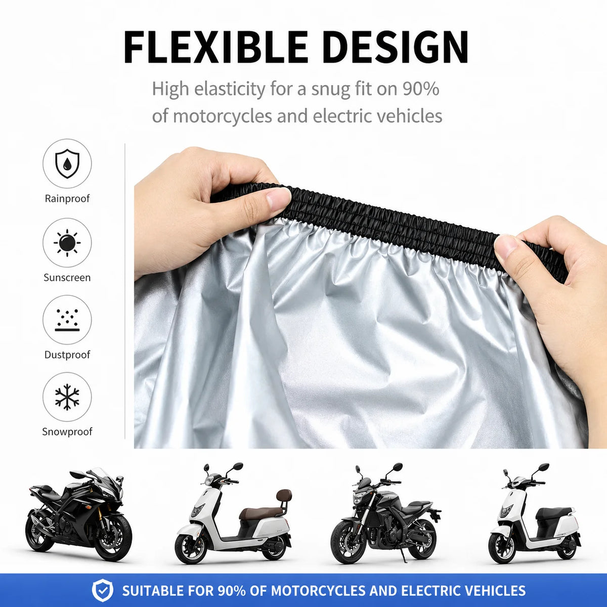 A hand demonstrates the flexible design of an all-weather motorcycle cover made with waterproof PU coating.