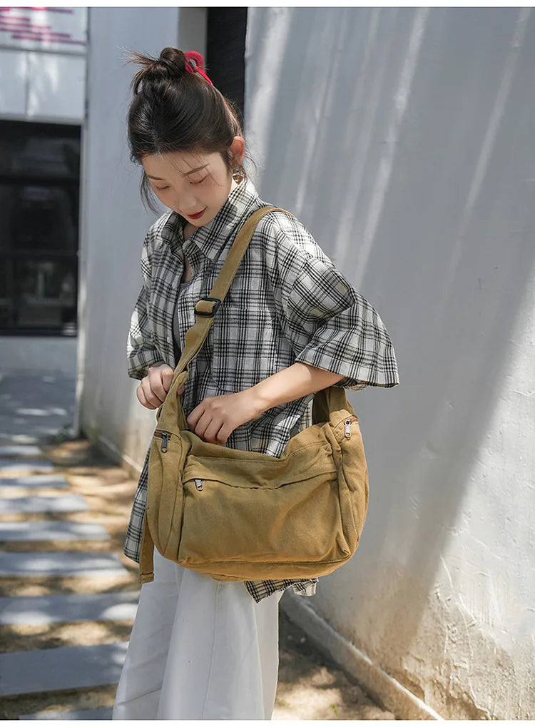Cotton Canvas Crossbody Bag with Large Capacity