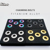 A set of titanium alloy chainring bolts displayed on a black background.