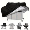A silver waterproof barbecue grill cover is shown open over a stainless steel grill unit, with several standalone grills disp