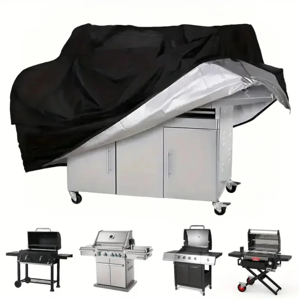A silver waterproof barbecue grill cover is shown open over a stainless steel grill unit, with several standalone grills disp
