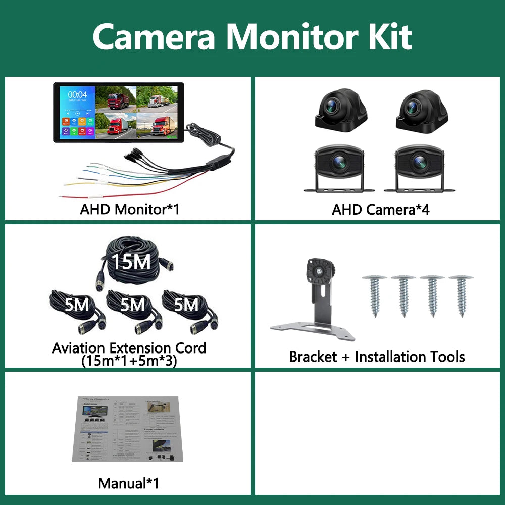 Camera Monitor Kit showing an AHD Monitor, four AHD Cameras, and a bracket with installation tools.