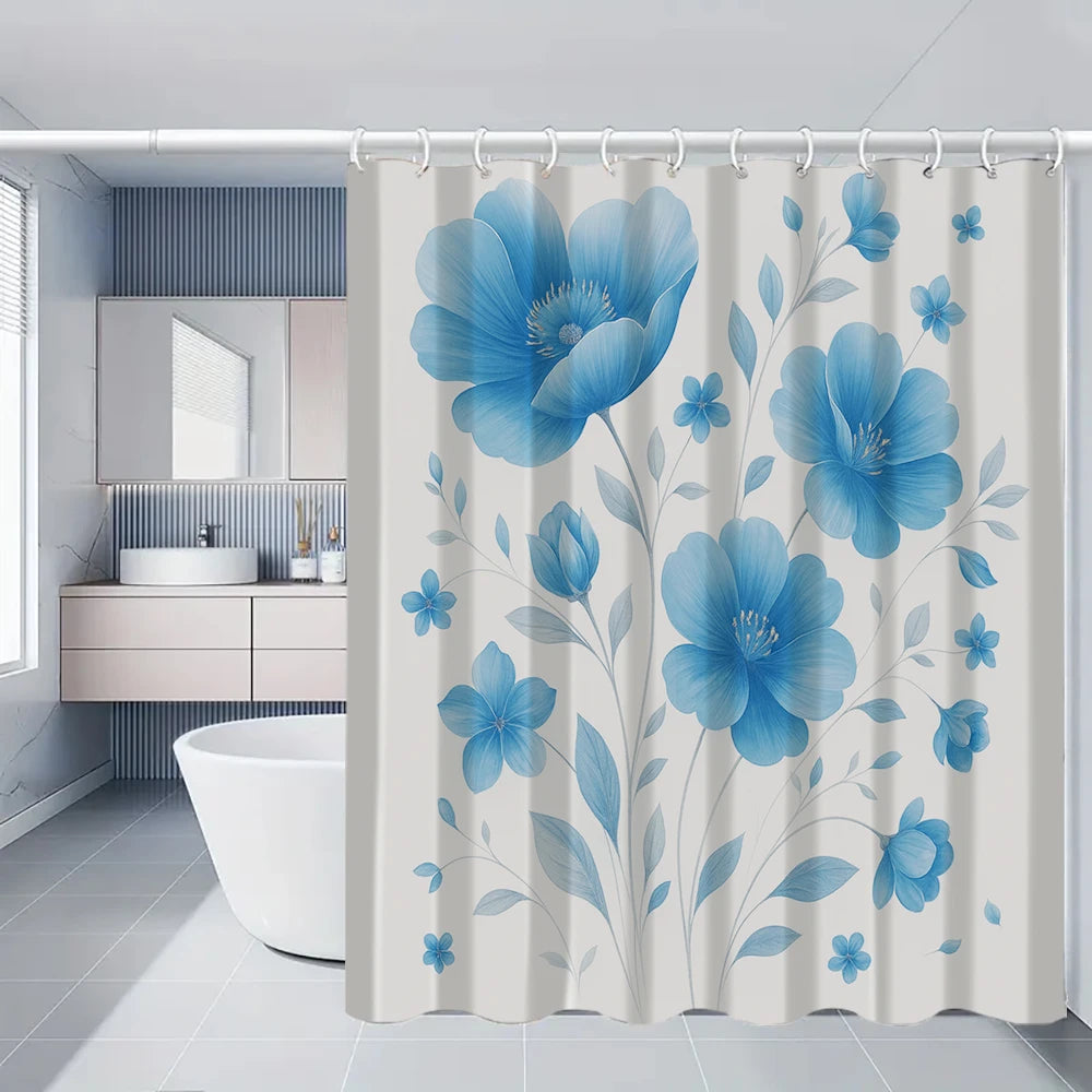 Light blue peony floral shower curtain set featuring a rug and toilet cover